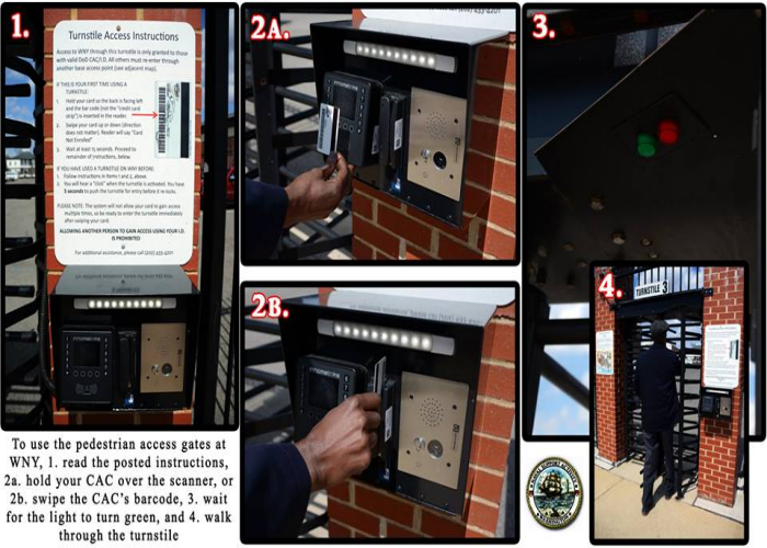 Proper use of the pedestrian access gates can prevent troubleshooting calls and delays during your morning commute. 1. Read the posted instructions, 2a. hold your CAC over the scanner, or 2b. swipe the CAC's barcode, 3. wait for the light to turn green, 4. walk through the turnstile
